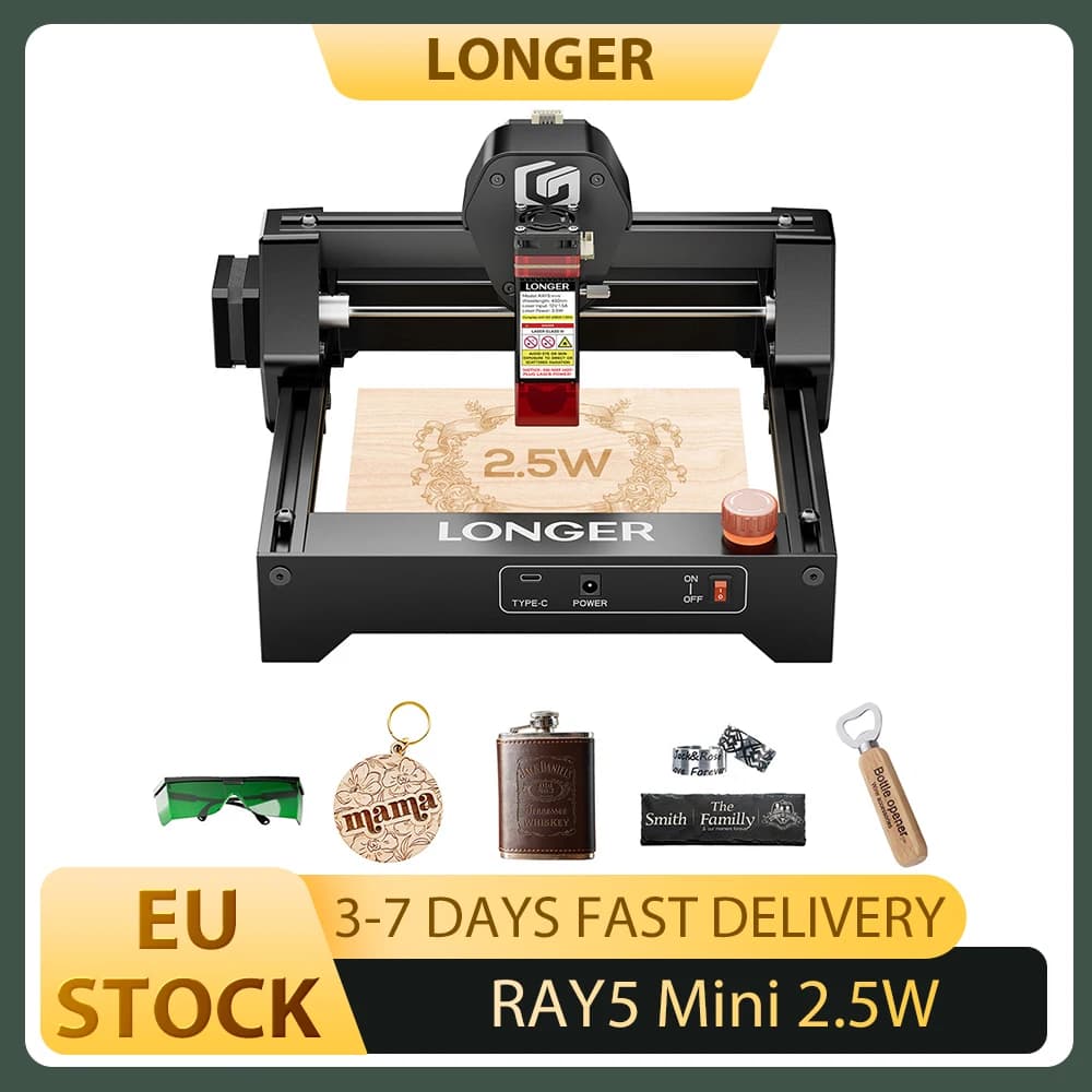 LONGER RAY5 Mini 2.5W Laser Engraver, 0.04mm Precision, 12,000 mm/min Speed, for Wood/ Acrylic/ Leather/ Metal, 130*140mm