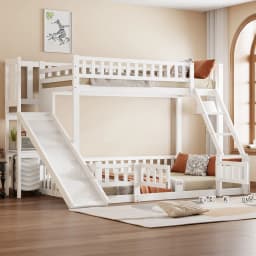 Bunk bed, 90 x 200 cm and 140 x 200 cm, railing, pine wood, slide, steps, EN747, multiple shelves, pull-out small door