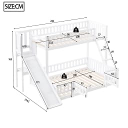 Bunk bed, 90 x 200 cm and 140 x 200 cm, railing, pine wood, slide, steps, EN747, multiple shelves, pull-out small door