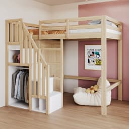 Loft bed 90*200cm, with storage, safety climbing ladder, and storage wardrobe; single bed, youth bed, children's bed