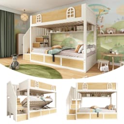 Children Bunk Bed with Staircase Storage 90x200cm Double Bed Safety Lattice No Mattress Included