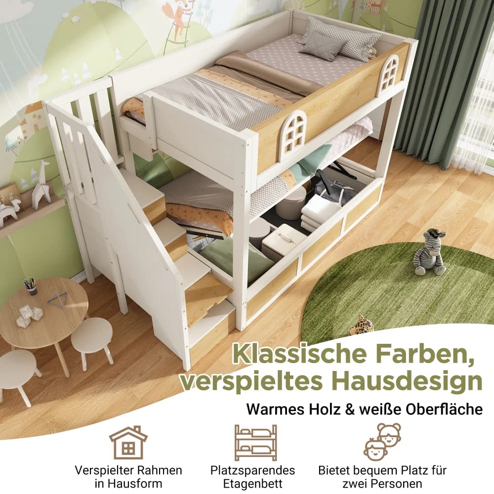 Children Bunk Bed with Staircase Storage 90x200cm Double Bed Safety Lattice No Mattress Included
