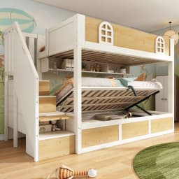 Children Bunk Bed with Staircase Storage 90x200cm Double Bed Safety Lattice No Mattress Included