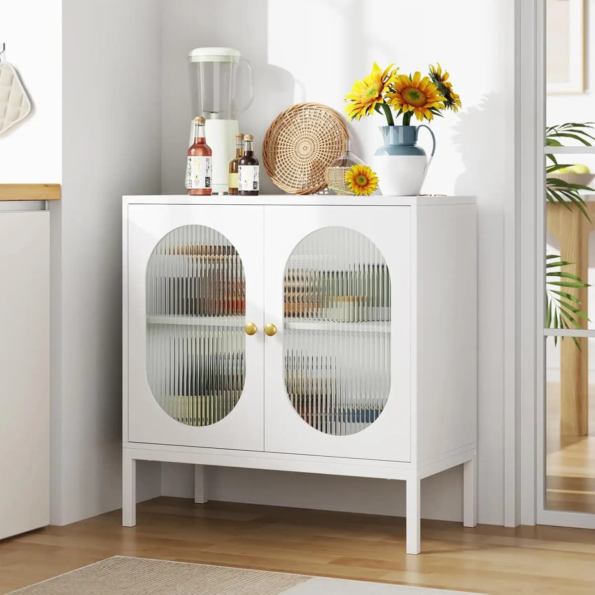 Freestanding Sideboard Cabinet with 2-Door Fluted Glass Doors Storage Cabinet with Adjustable Shelf for Living Room Dining Room