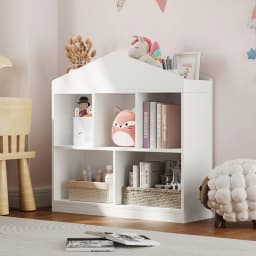 Toy Storage Organizer 5-Cubby Kids Bookshelf White Bookcase Toddlers Playhouse Cabinet Shelf for Boys Girls Wooden Cubby Storage
