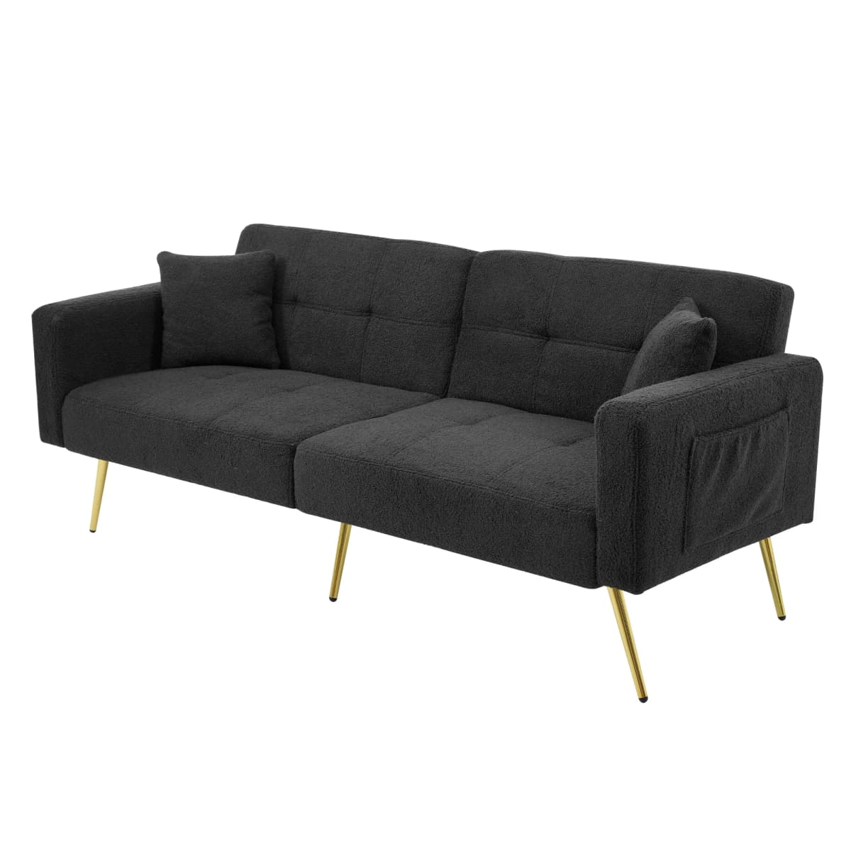 Sofa Bed, Adjustable Angle, with Golden Legs, with Pillows and Side Storage Pockets,Durable Stable Wooden Frame, 175 x 64 x 72cm