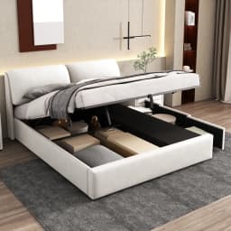 180x200cm Upholstered Hydraulic Bed with Storage Drawers Slate Grate Headboard No Mattress