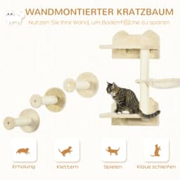 Climbing steps, climbing wall, cat stairs, 4-piece set, with scratching post, hammock, beige and cream white, 40 x 28 x 73 cm