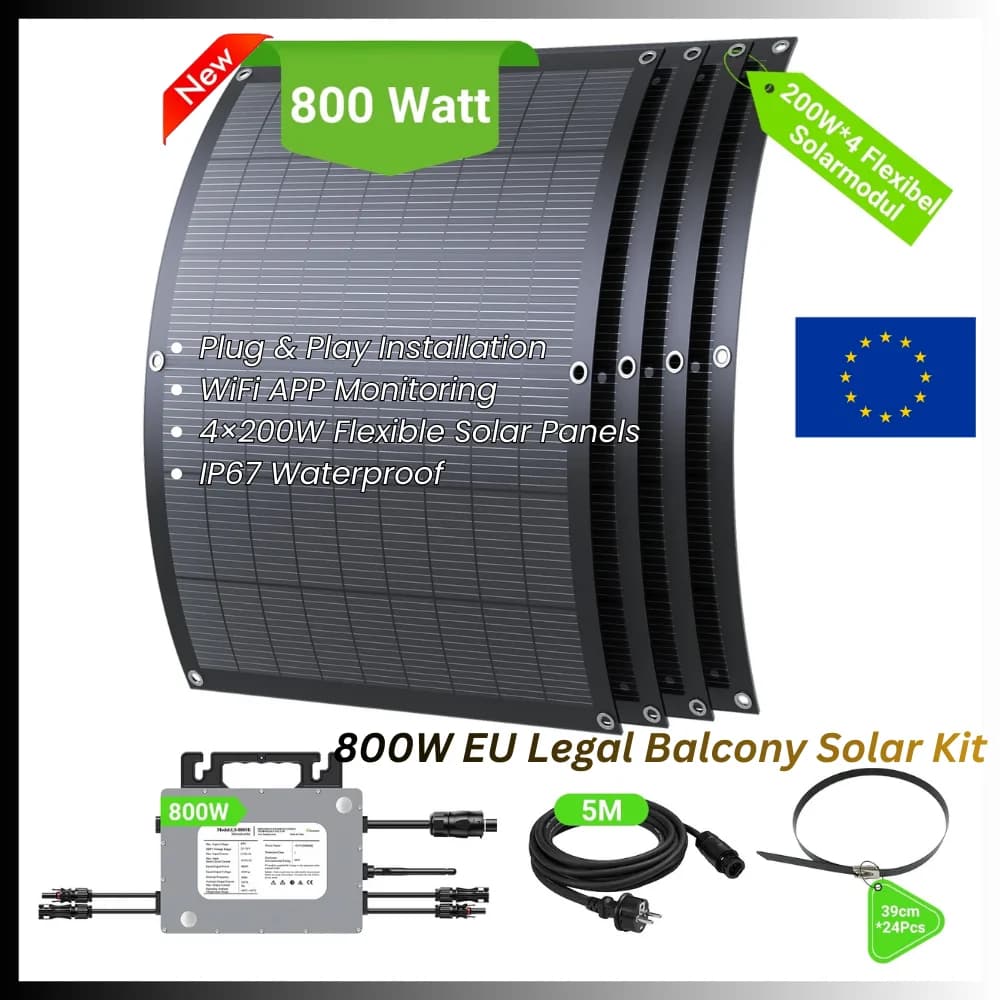 800W Balcony Solar System Kit with Micro Inverter, 4×200W Flexible Solar Panels, Plug & Play, WiFi APP Monitoring
