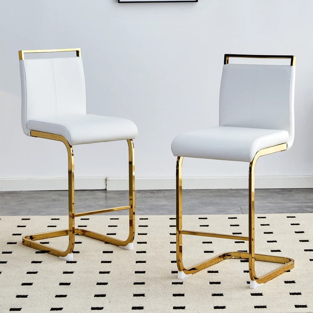 Nordic Bar Stools Set of 2 High Quality White Synthetic Leather Gold Metal Legs 96.5cm Kitchen Stool