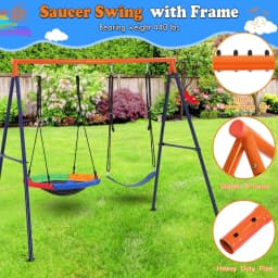 Sturdy Outdoor Swing Set For 2 Kids, Round Saucer Swing With Metal A-Frame Adjustable Ropes Max Load 200kg For Garden Playground