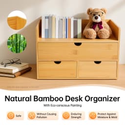 Natural Bamboo Desk Organizer,3 Drawers Pre-Assembled Storage Box with Top Baffles for Office Cosmetics Stationery Organization