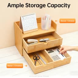 Natural Bamboo Desk Organizer,3 Drawers Pre-Assembled Storage Box with Top Baffles for Office Cosmetics Stationery Organization
