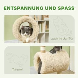 Sheep-shaped cat tree with scratching posts, tunnel and toys, 98 cm, light brown. On-site