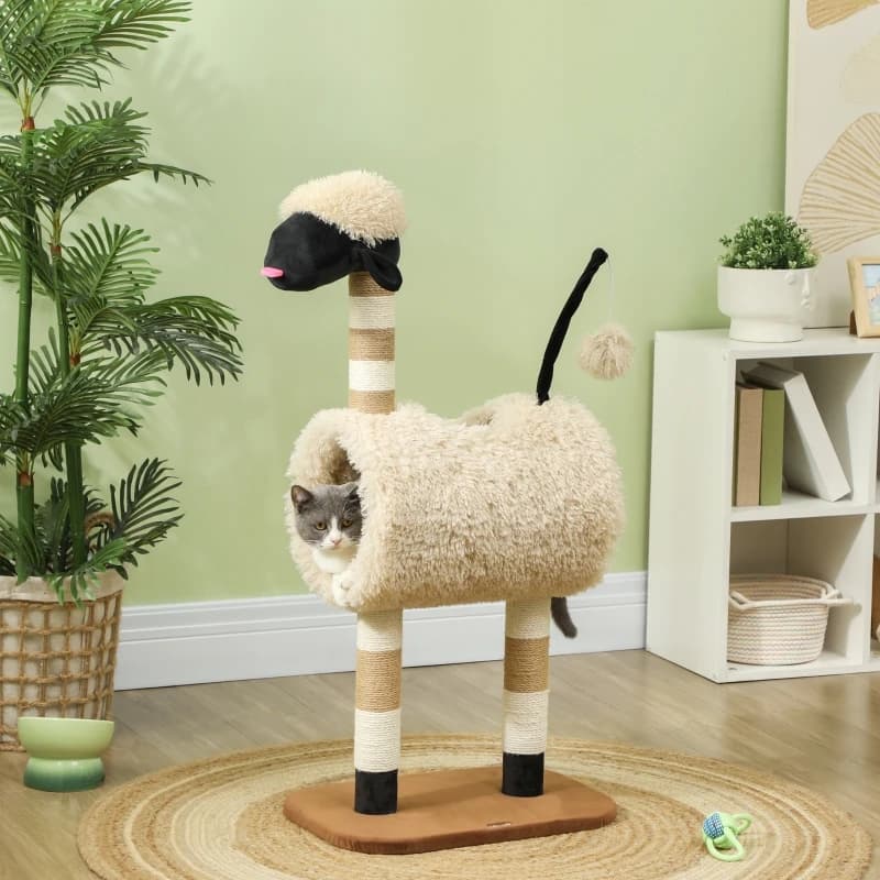 Sheep-shaped cat tree with scratching posts, tunnel and toys, 98 cm, light brown. On-site