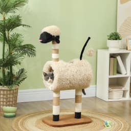 Sheep-shaped cat tree with scratching posts, tunnel and toys, 98 cm, light brown. On-site