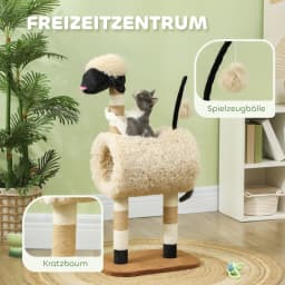 Sheep-shaped cat tree with scratching posts, tunnel and toys, 98 cm, light brown. On-site