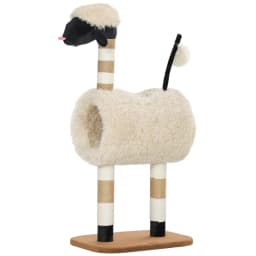 Sheep-shaped cat tree with scratching posts, tunnel and toys, 98 cm, light brown. On-site