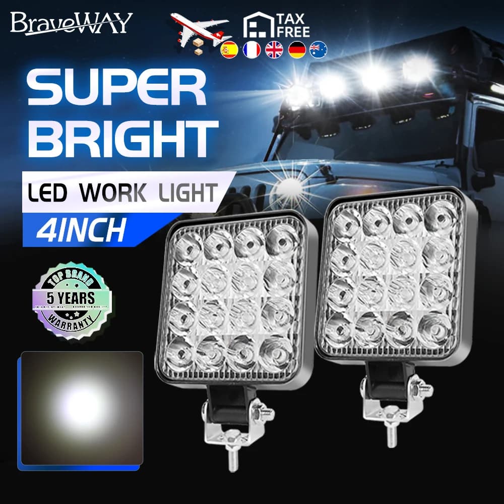 Braveway 4PCS 4" LED Work Light 12V 48W 20000LM Mini Fog Lamp Off Road Spotlight for Truck 4X4 Car SUV ATV Barra LED Headlights