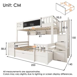 Bunk bed for 3 children 90x200 & 140x200 made of solid wood with chalkboard, storage stairs, drawers and ladder cabinet