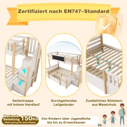 Bunk bed for 3 children 90x200 & 140x200 made of solid wood with chalkboard, storage stairs, drawers and ladder cabinet