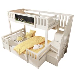 Bunk bed for 3 children 90x200 & 140x200 made of solid wood with chalkboard, storage stairs, drawers and ladder cabinet