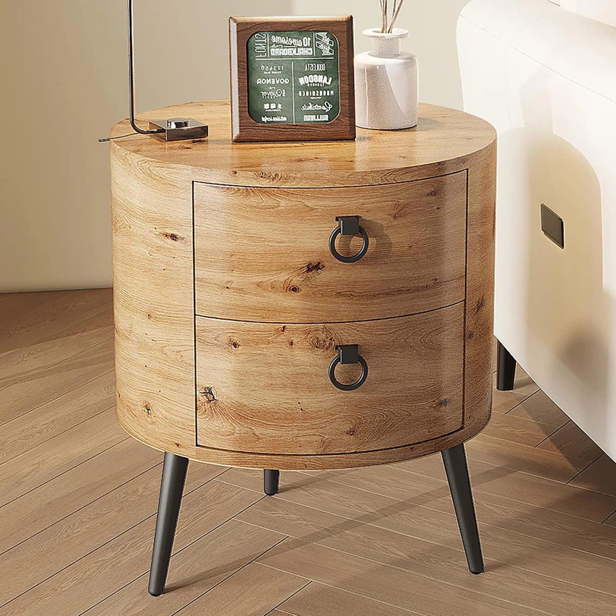 Wooden End Table with 2 Drawers,Modern Farmhouse Nightstand Round Side Table with Metal Legs for Bedroom, Living Room & Office
