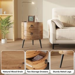 Wooden End Table with 2 Drawers,Modern Farmhouse Nightstand Round Side Table with Metal Legs for Bedroom, Living Room & Office