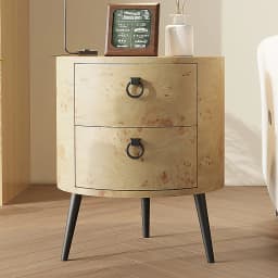 Wooden End Table with 2 Drawers,Modern Farmhouse Nightstand Round Side Table with Metal Legs for Bedroom, Living Room & Office