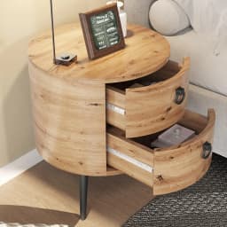 Wooden End Table with 2 Drawers,Modern Farmhouse Nightstand Round Side Table with Metal Legs for Bedroom, Living Room & Office