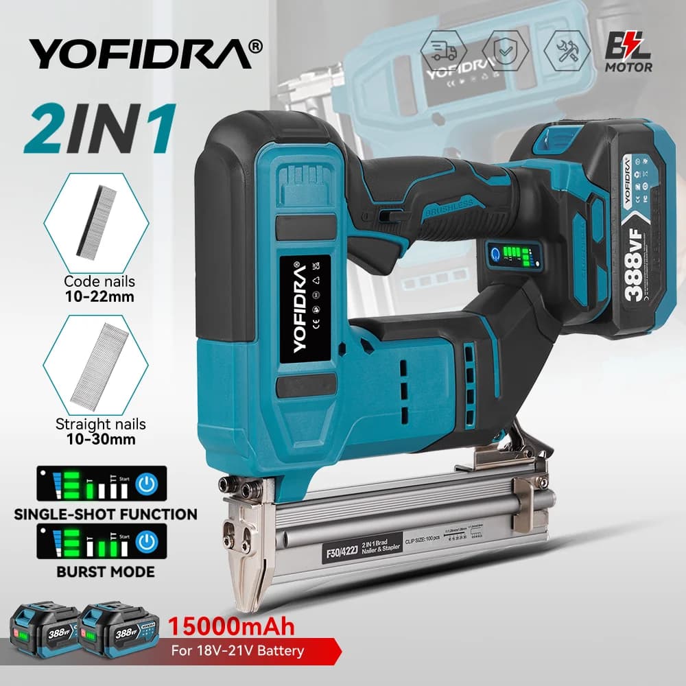 YOFIDRA Brushless 30mm Electric Nail Gun 2in1 Nailer/Stapler Gun Cordless Framing Nailer Tacker Tool For Makita 18V Battery Pins