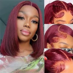 99J Burgundy 13x4 HD Bob Short Straight Wig Brazilian Virgin Hair Wigs Transparent Lace Frontal Wig Pre Plucked Human Hair