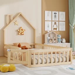 Minimalist Natural Children Bed Solid Pine Wood Chimney Shaped Kids House Slatted Bed No Mattress