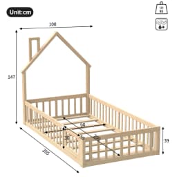 Minimalist Natural Children Bed Solid Pine Wood Chimney Shaped Kids House Slatted Bed No Mattress