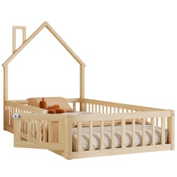 Minimalist Natural Children Bed Solid Pine Wood Chimney Shaped Kids House Slatted Bed No Mattress