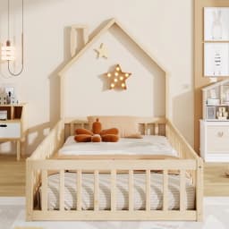 Minimalist Natural Children Bed Solid Pine Wood Chimney Shaped Kids House Slatted Bed No Mattress
