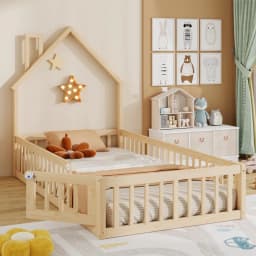 Minimalist Natural Children Bed Solid Pine Wood Chimney Shaped Kids House Slatted Bed No Mattress