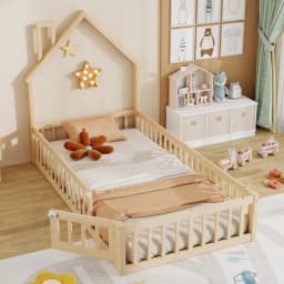 Minimalist Natural Children Bed Solid Pine Wood Chimney Shaped Kids House Slatted Bed No Mattress