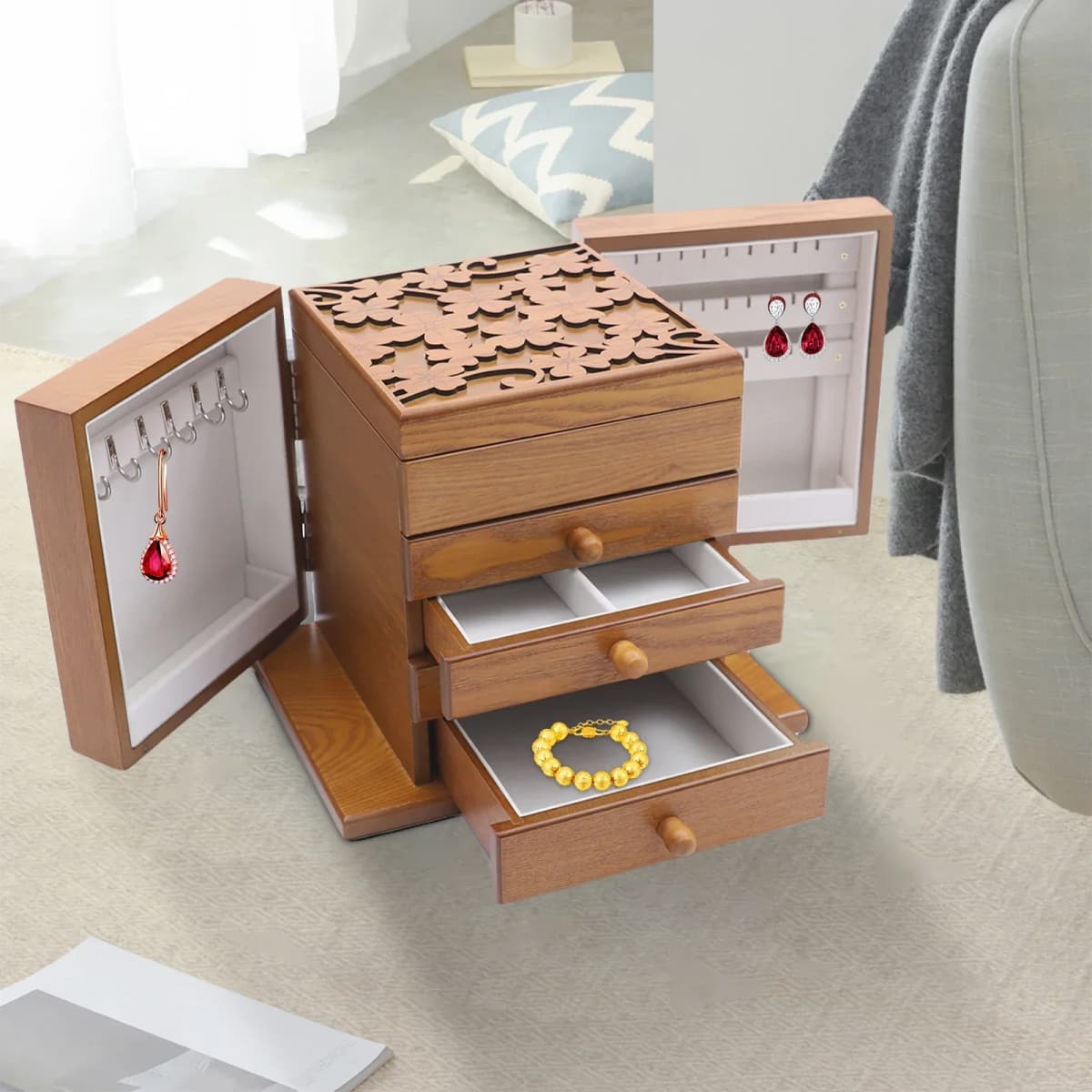 NEWEST 5 Tier Jewellery Box Storage Box,30 x 20 x 25cm, with 4 Drawers and Mirror for Rings, Earrings and Necklaces, Light Brown