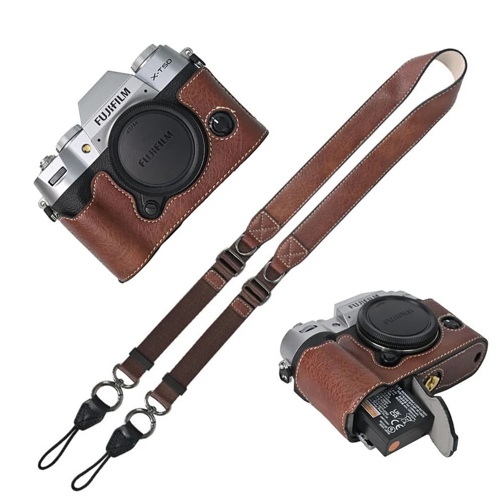 Litchi Skin PU Leather Half Case for Fujifilm Fuji XT50 XS10 XS20 XT30 XT30II XT20 XT10 XT5 XM5 Battery Opening Cover With Strap