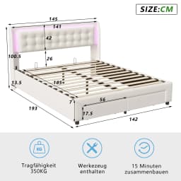 Comanlai 140x190cm Hydraulic Storage Bed, with LED Light and 2 Drawers, Upholstered Double Bed, with Slat Frame, Velvet, Beige