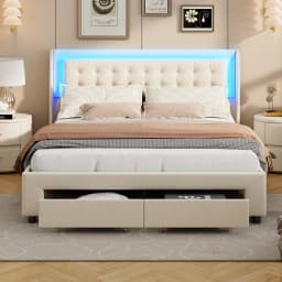 Comanlai 140x190cm Hydraulic Storage Bed, with LED Light and 2 Drawers, Upholstered Double Bed, with Slat Frame, Velvet, Beige