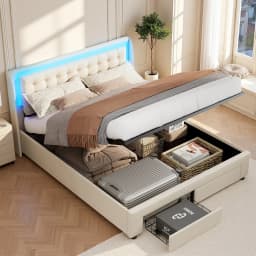 Comanlai 140x190cm Hydraulic Storage Bed, with LED Light and 2 Drawers, Upholstered Double Bed, with Slat Frame, Velvet, Beige