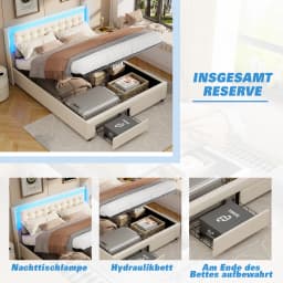 Comanlai 140x190cm Hydraulic Storage Bed, with LED Light and 2 Drawers, Upholstered Double Bed, with Slat Frame, Velvet, Beige