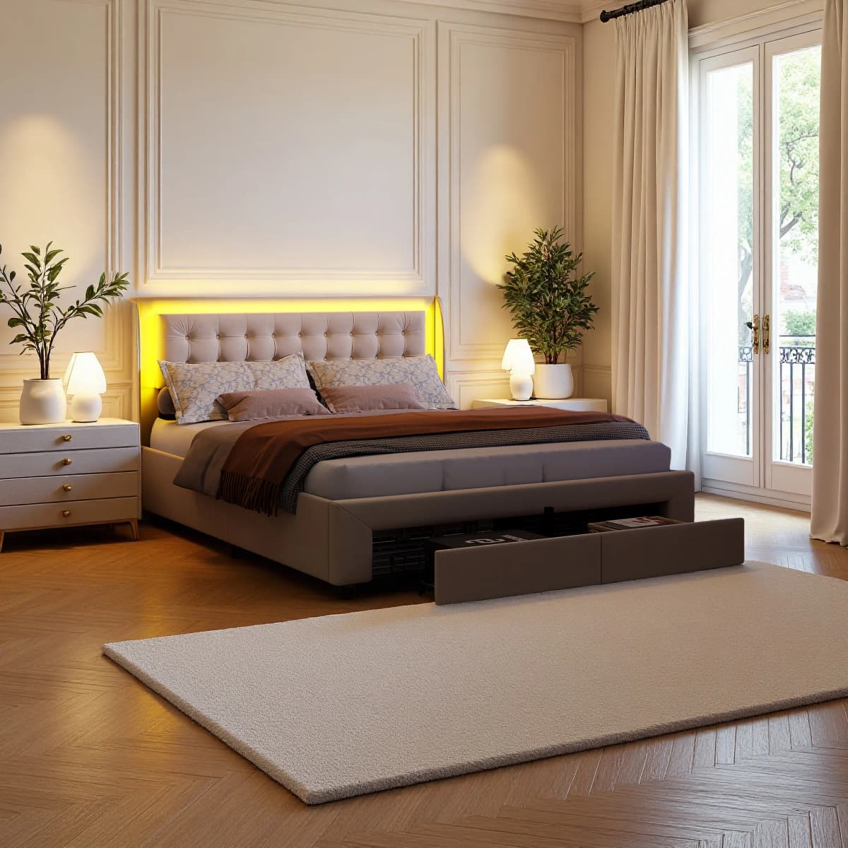 Comanlai 140x190cm Hydraulic Storage Bed, with LED Light and 2 Drawers, Upholstered Double Bed, with Slat Frame, Velvet, Beige