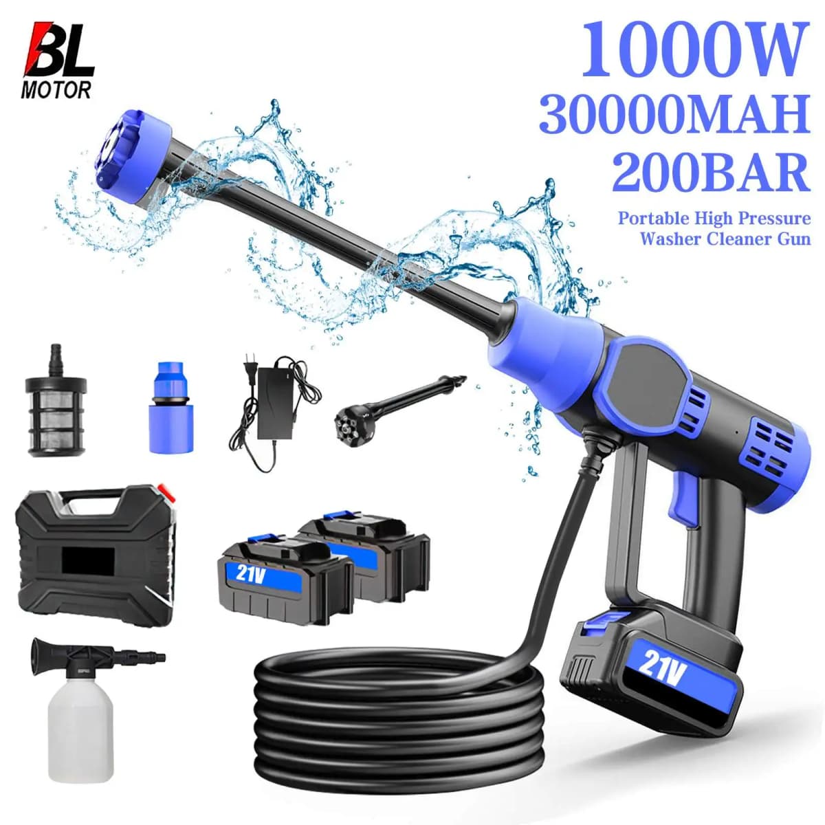 1000W 200Bar Cordless High Pressure Spray Gun Car Washer Washing Gun High Power Cleaning Machine Power Tool for Makita 21V