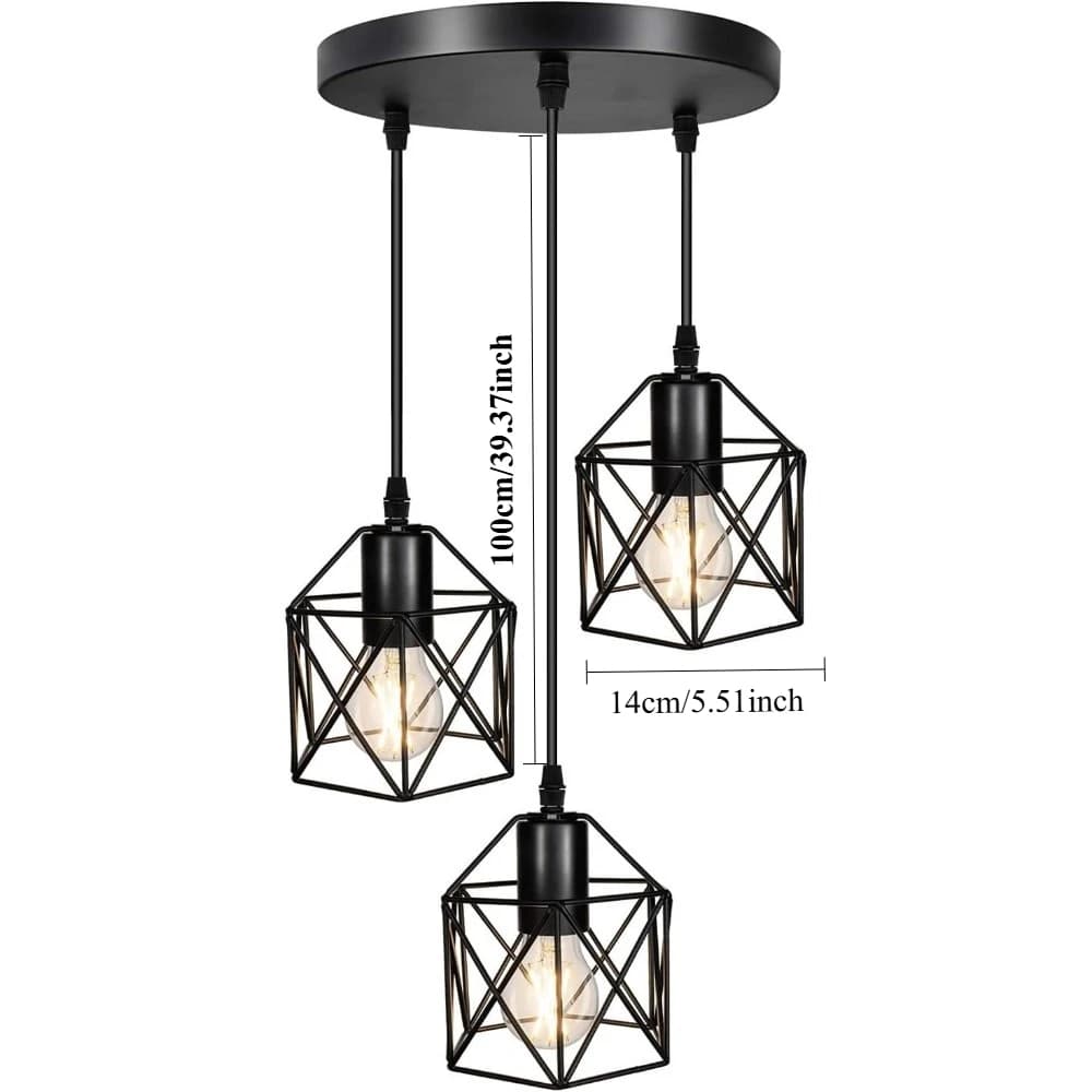 3-Light Industrial Ceiling Lamp Vintage E27 Ceiling Light with Iron Cage Lampshade for Living Room Dining Table Kitchen Pendant