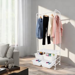 Rolling Clothes Rack, Clothing Rack with Wheels, Coat Rack with 4 Storage Boxes and 8 Hooks