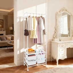 Rolling Clothes Rack, Clothing Rack with Wheels, Coat Rack with 4 Storage Boxes and 8 Hooks