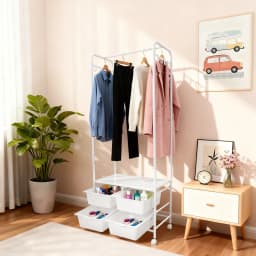 Rolling Clothes Rack, Clothing Rack with Wheels, Coat Rack with 4 Storage Boxes and 8 Hooks
